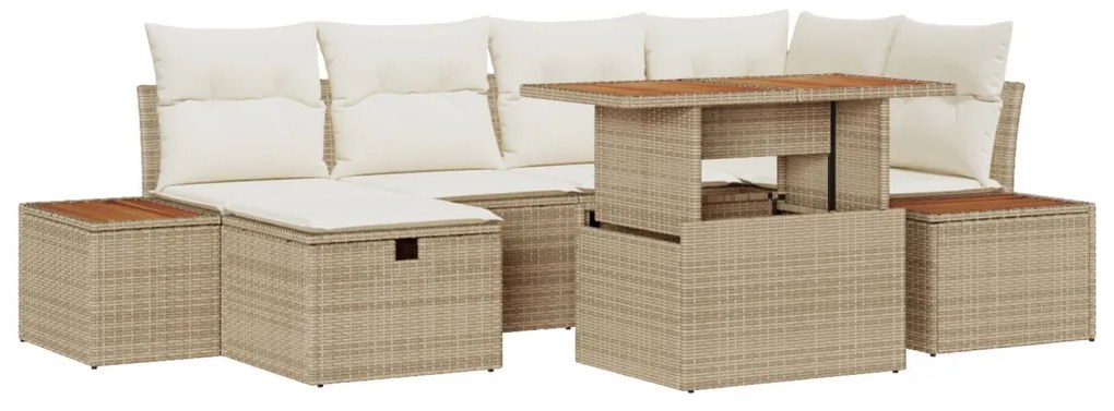 7 Darabos Kert Sofa Szett Párnákkal Bézs Poli Rattan