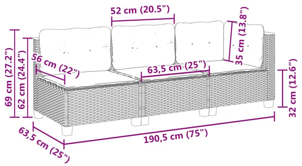 3 személyes bézs polyrattan kerti kanapé párnával