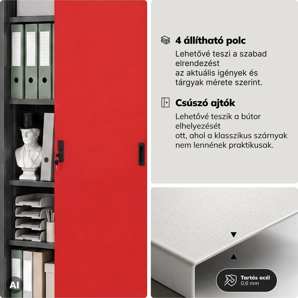 Fém irodai szekrény tolóajtókkal, antracit-piros, 900x1850x400 mm: KUBA