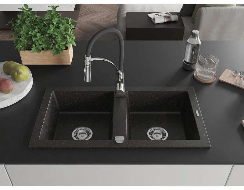Mexen Mario, gránit mosogató 820x436x161 mm, 2 kamrás és Aster mosogató csaptelep, fekete-arany metál, 6504-75-73450-07