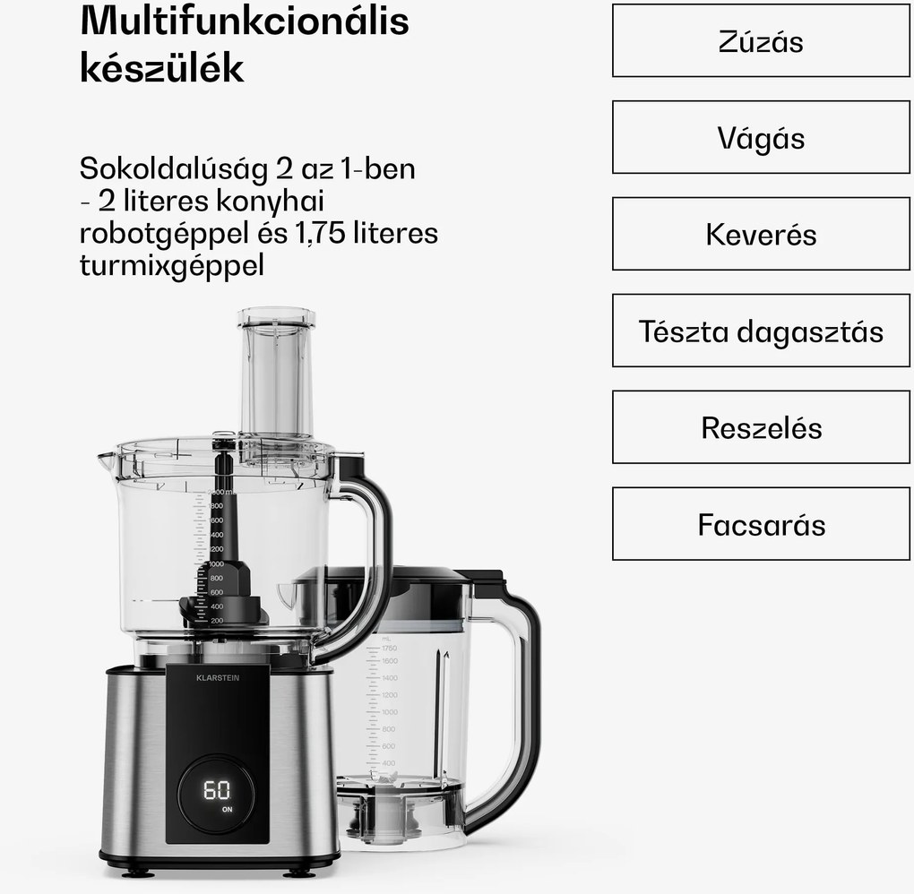 Klarstein Verosteel konyhai gép keverővel | Dagasztás, habverés és préselés | 1200 W | 2 L/1,75 L