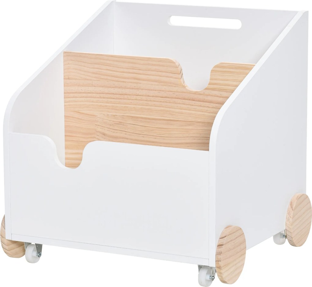 HOMCOM Fa Játék Tároló Doboz 2 Részes, Kerekekkel, Lapos Fogantyúval, Gyermek Könyvespolc Kerekekkel Gyerekszobába 40x43x43 cm Fehér és Természetes |