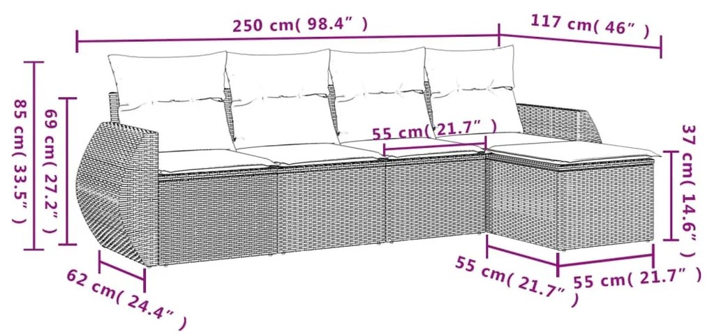 5 részes fekete polyrattan kerti kanapészett párnákkal