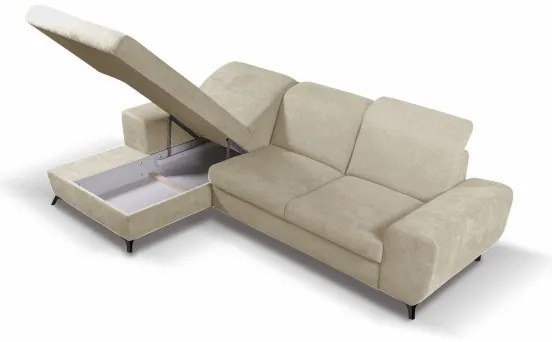 ALTA balos kivitelű, ággyá nyitható L-alakú kárpitozott sarokülőgarnitúra tárolóval, bézs