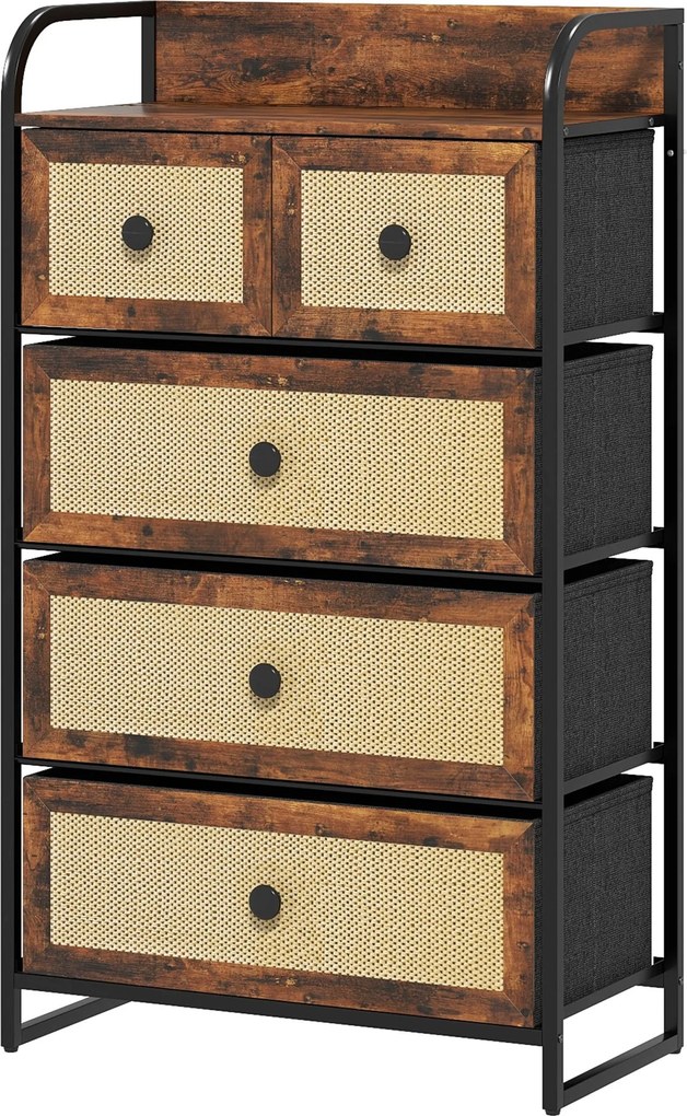 HOMCOM Anyag Fiókos Szekrény 5 Hajtható Anyag Fiókkal Rattan Elülső Résszel és Acél Karral, Fiókos Szekrény Hálószobába vagy Nappaliba - Rusztikus Bar