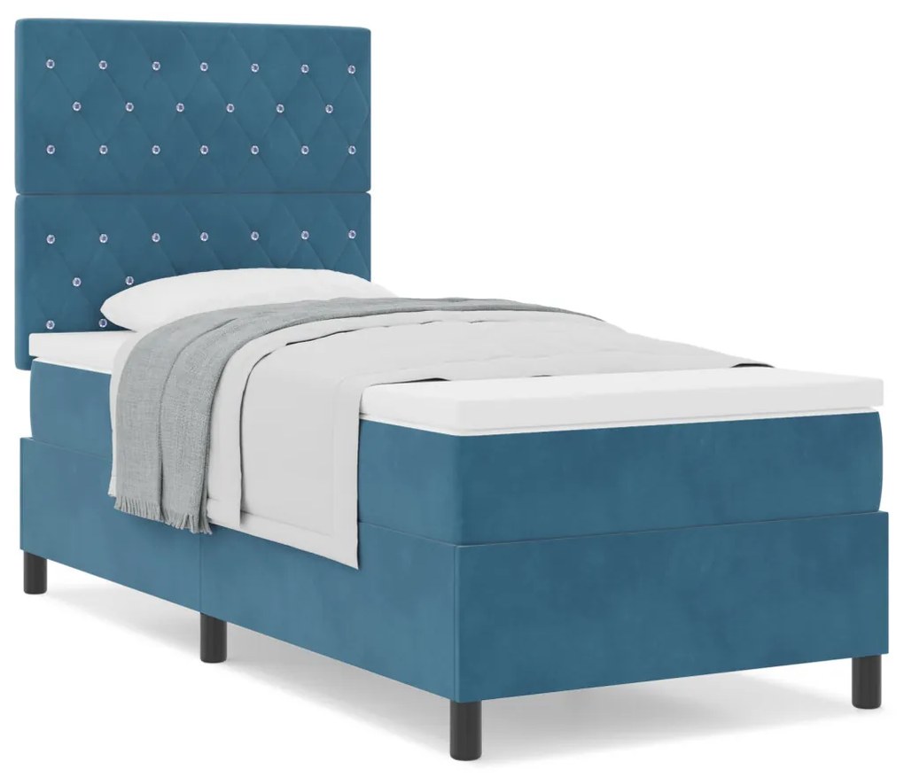 Boxspring Ágy Matrac Kék Egyszemélyes Bársonyos
