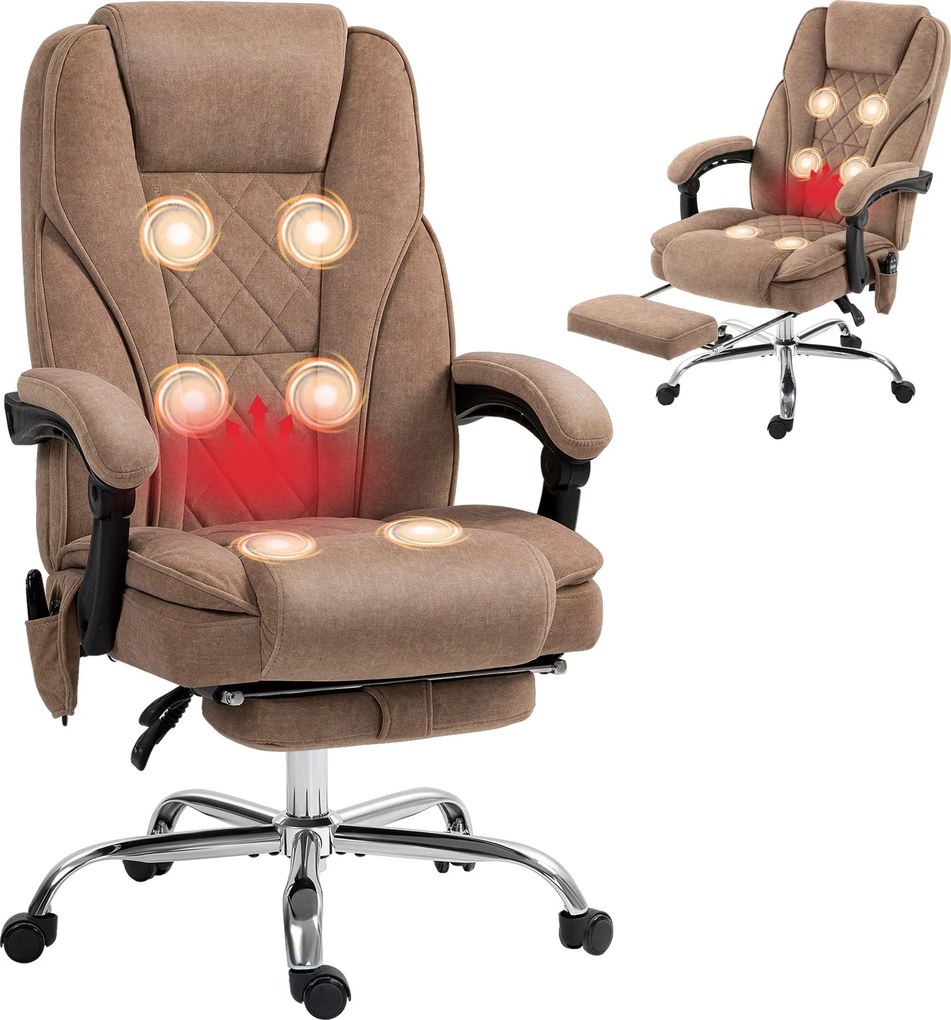 Vinsetto masszázs irodai szék — ergonomikus dönthető forgószék fűtött deréktámaszal, magasságállítás, lábtartó, távirányító, oldalzseb (barna bársony)