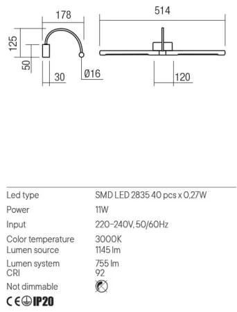 Redo 01-3466 - LED Képmegvilágító KENDO LED/11W/230V 51,4 cm CRI 92 fehér