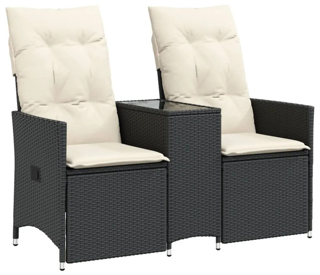 2 személyes fekete polyrattan dönthető kerti kanapé asztallal