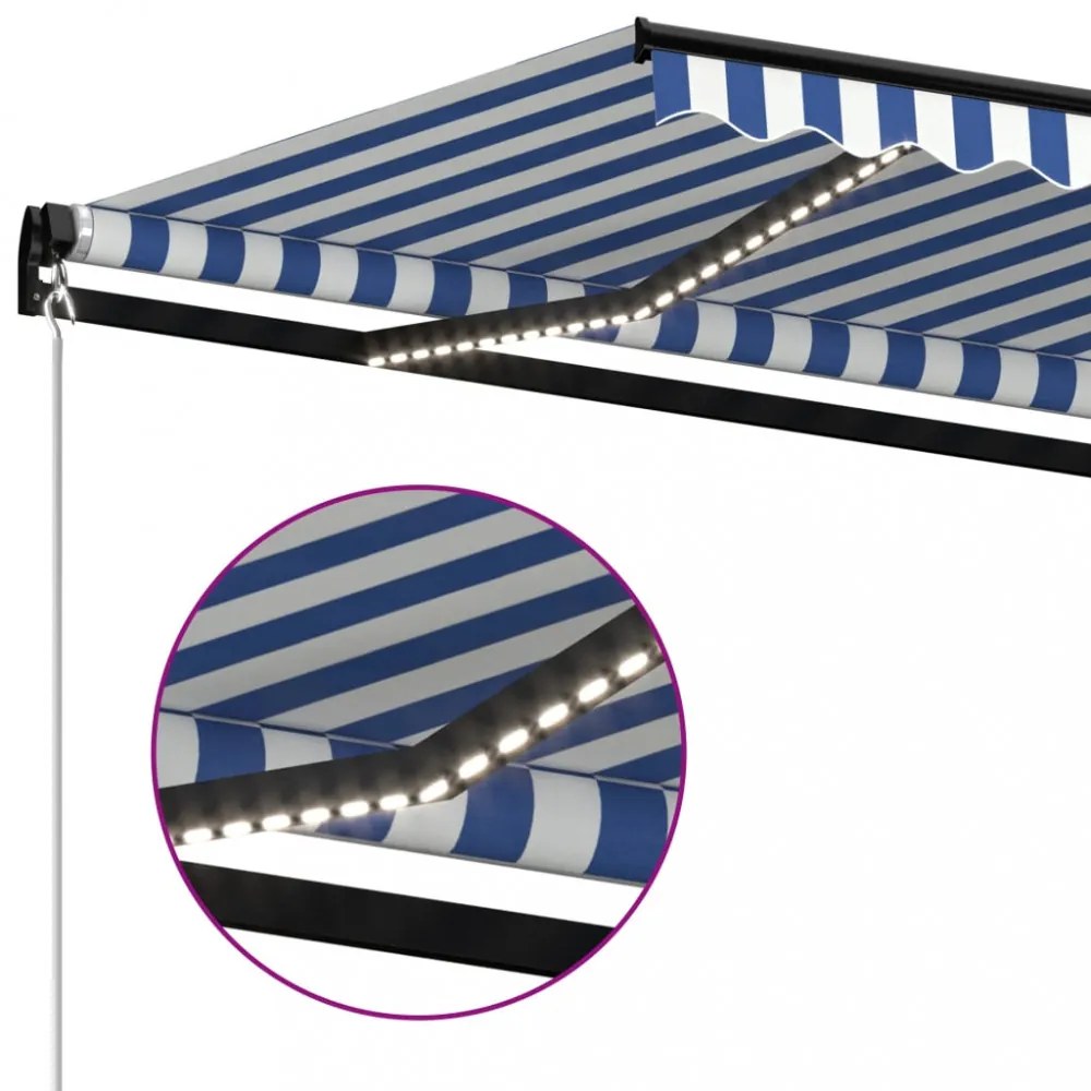 kék és fehér kézzel kihúzható LED-es napellenző 450 x 300 cm