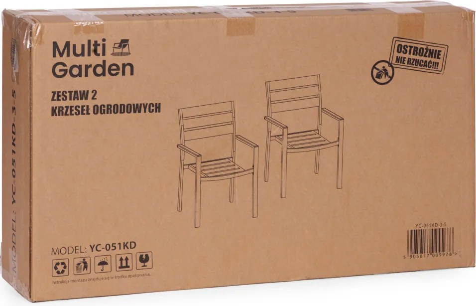 Kerti szék, MultiGarden YC-051KD-4-5, fehér/sötétszürke, 54,5 x 52 x 89 cm, acél keret, HDPE ülő- és háttámla, 150 kg teherbírás, 2 db-os szett