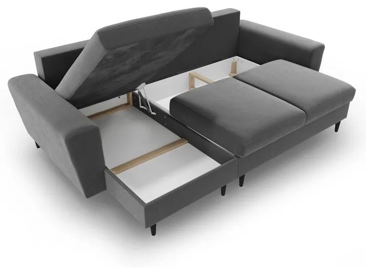 Világosszürke bársony kinyitható tárolóhelyes sarokkanapé Kyoto – Cosmopolitan Design