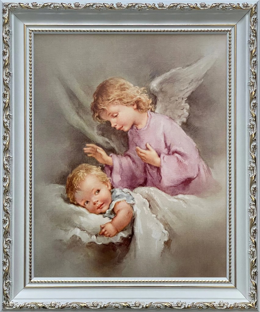 Vászonkép 31x26 Őrangyal Angyal Fehér Díszített Keresztelő Ajándék Keret