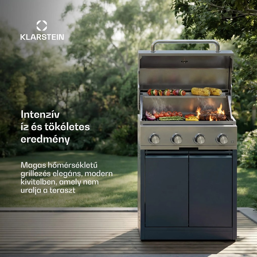 Klarstein WaldChef kerti konyha | Gázgrill | 4 égő | 30 mbar | 12800 W | Öntöttvas rács | Rozsdamentes acél