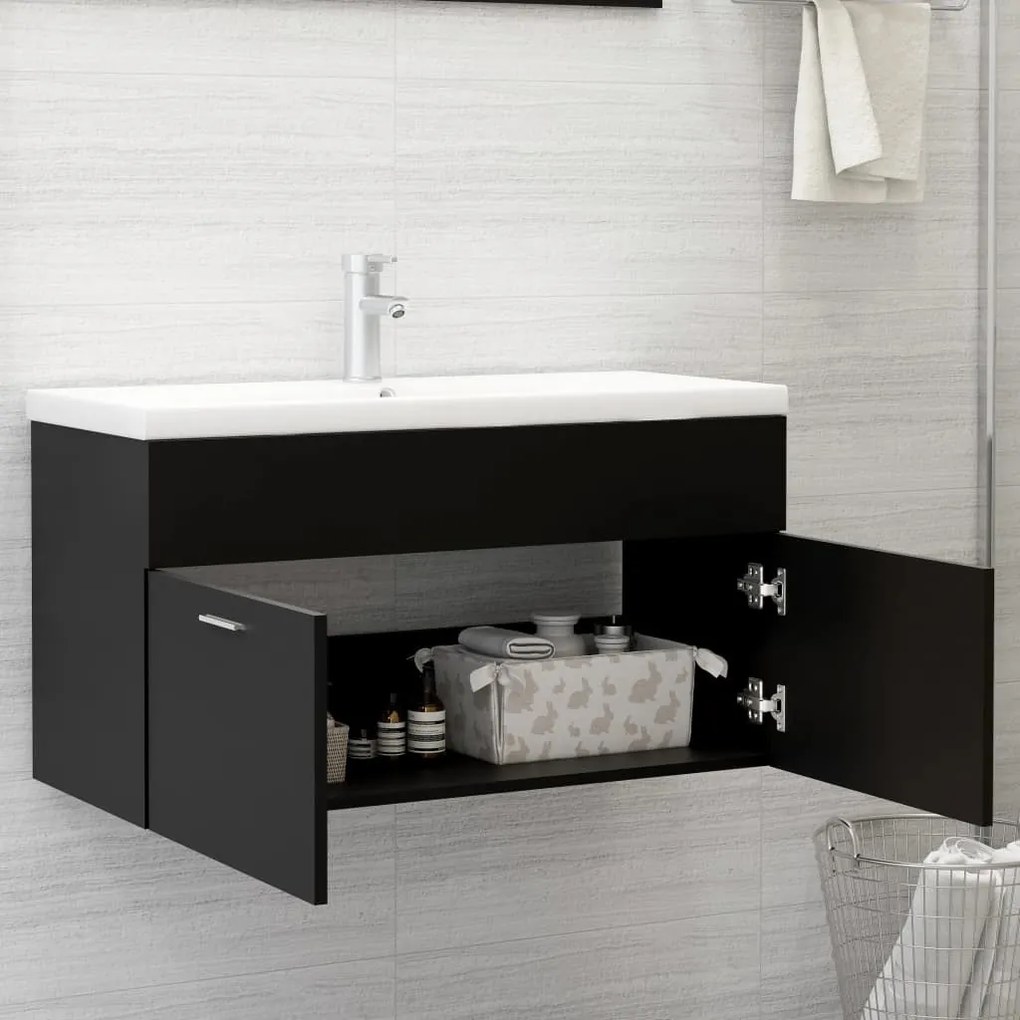 Fekete szerelt fa mosdószekrény 90 x 38,5 x 46 cm