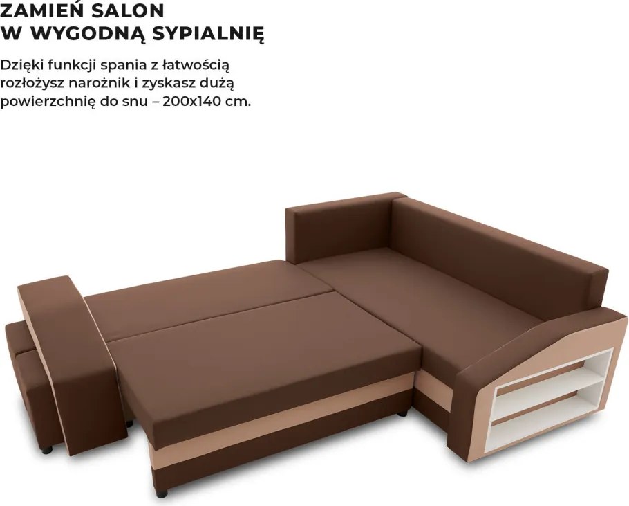 Grande sarokkanapé polcokkal és puffokkal , polc a jobb karfaban puffok a bal karfaban, jobboldali, szövet anyag, bonell töltet, barna