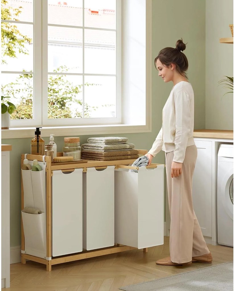 Szennyeskosár 3 rekesszel, 3 x 50 l, 94 x 33 x 78 cm, krémfehér