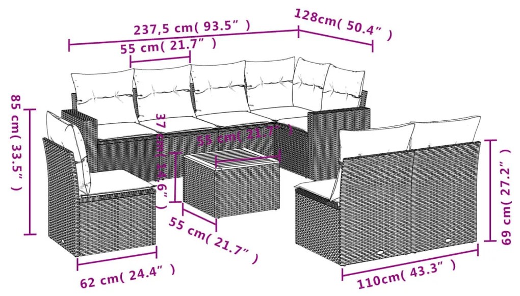 9 részes szürke polyrattan kerti ülőgarnitúra párnákkal