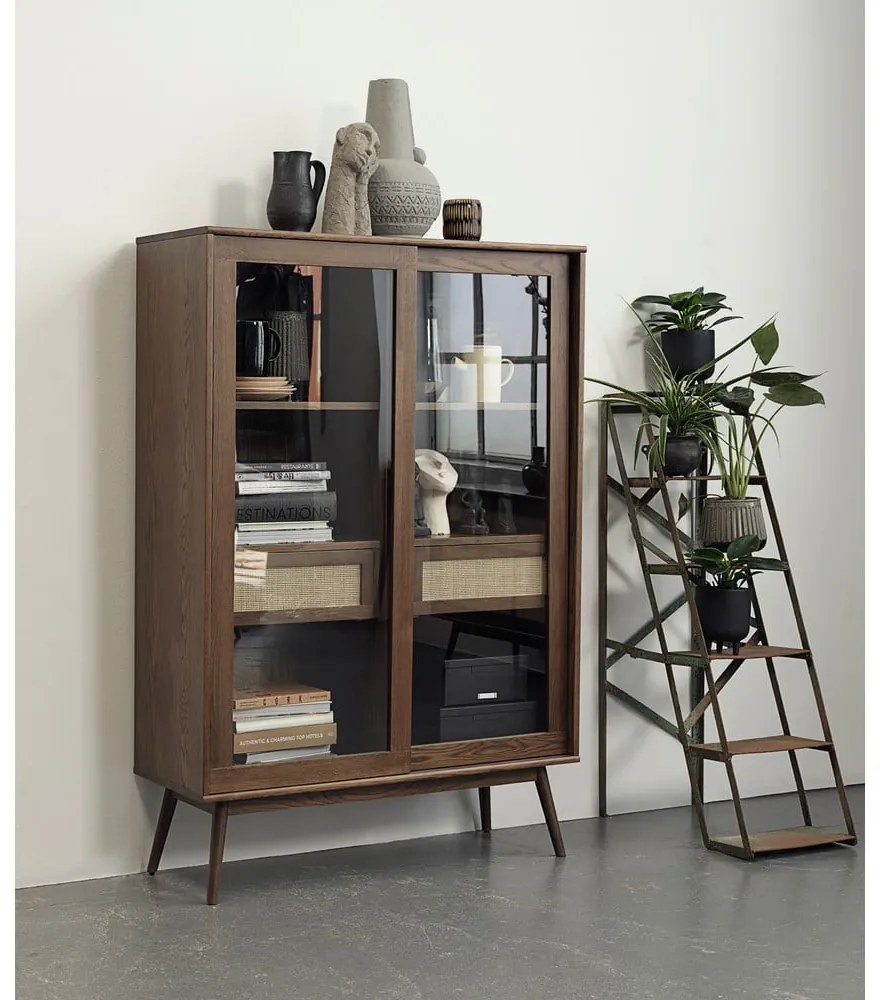 Sötétbarna tálalószekrény tolóajtóval, tölgyfa dekorral 110x160 cm Barrali – Unique Furniture