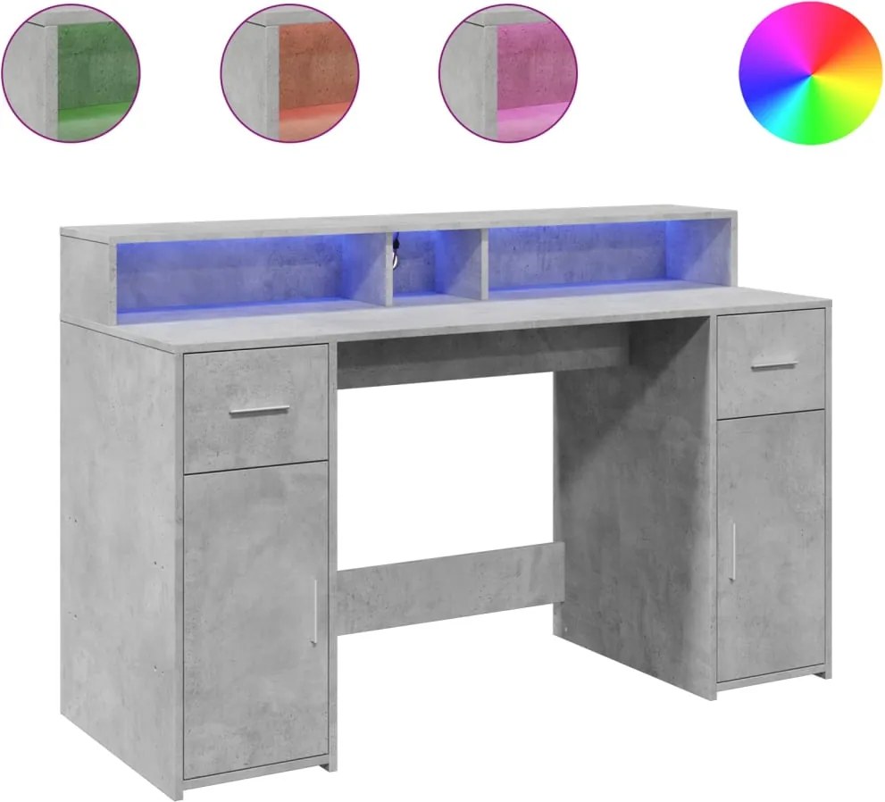 vidaXL betonszürke szerelt fa íróasztal LED-világítással 140x55x91 cm