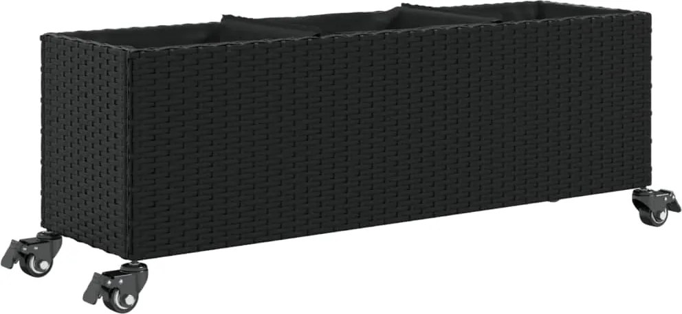 vidaXL fekete polyrattan növénytartó kerékkel/3 cseréppel 107x32x38 cm