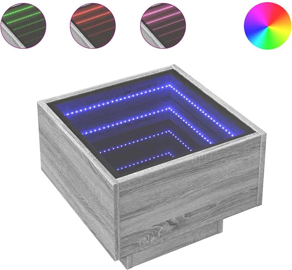vidaXL szürke sonoma színű szerelt fa kisasztal LED-del 40x40x30 cm