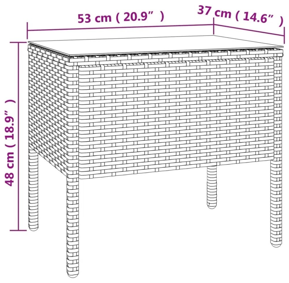 barna polyrattan és edzett üveg kisasztal 53 x 37 x 48 cm