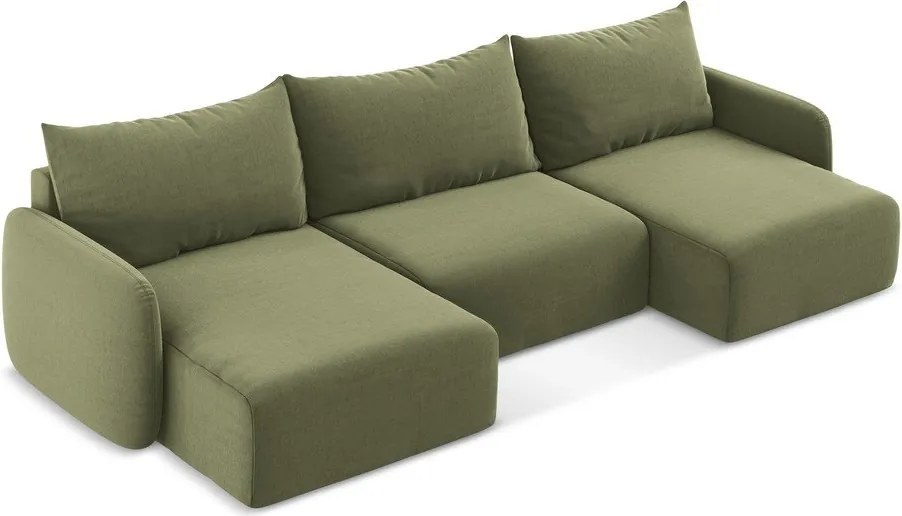 Zöld bársony kinyitható-tárolóhelyes (U alakú) sarokkanapé Kalena – Makamii