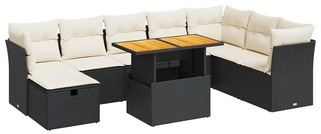 9 részes fekete polyrattan akácfa kerti ülőgarnitúra párnákkal