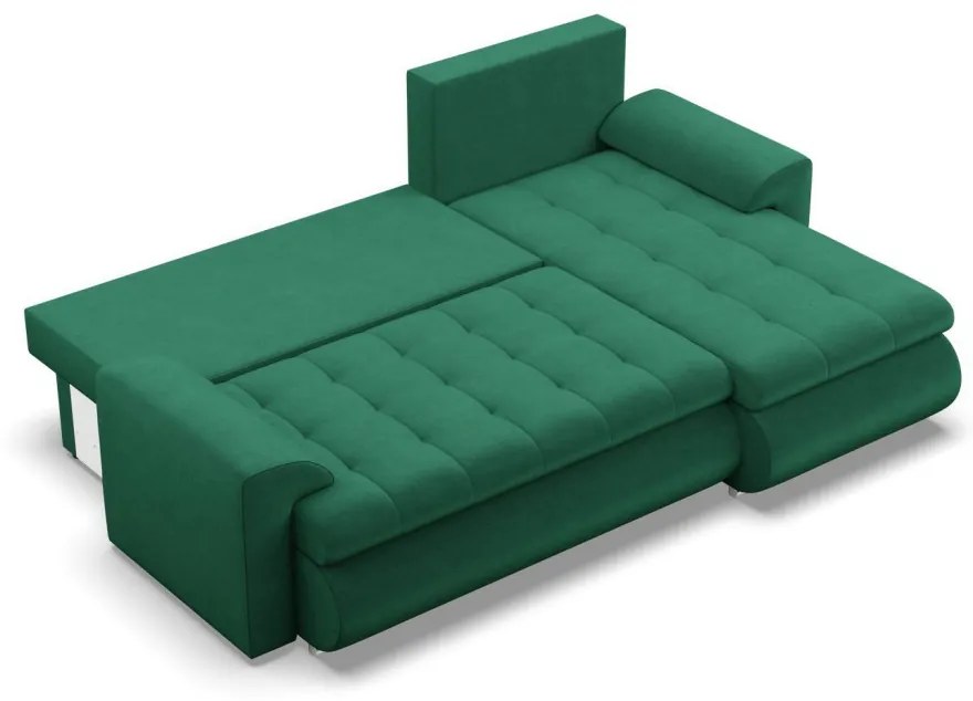 Tokio sarokkanapé, 2 ágyneműtartóval, bársony, jobboldali, zöld