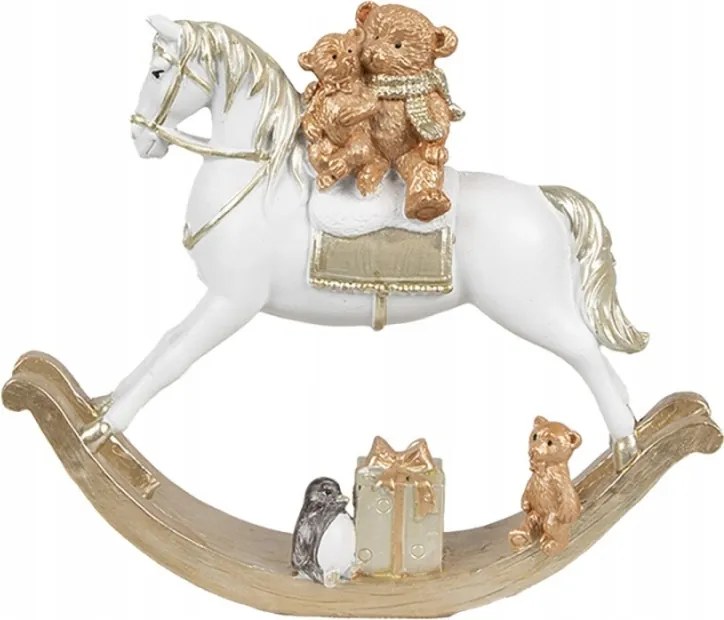 Karácsonyi hintaló dekoráció macival és ajándékokkal fehér-arany 1