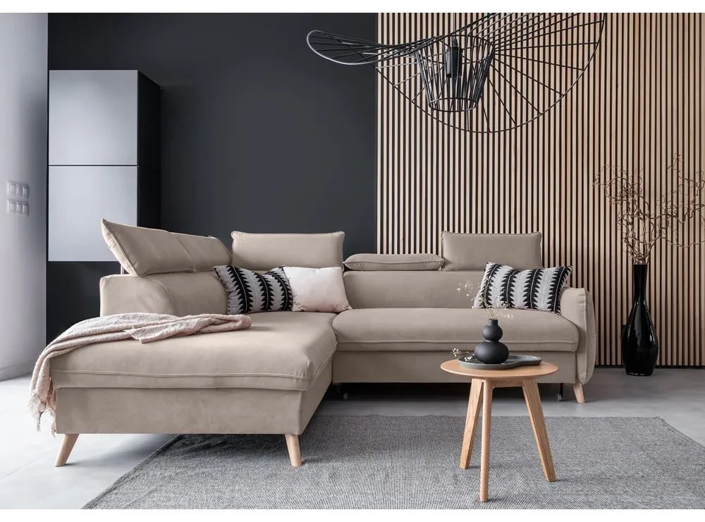 Bézs bársony kinyitható sarokkanapé (bal oldali) Sweet Harmony – Miuform