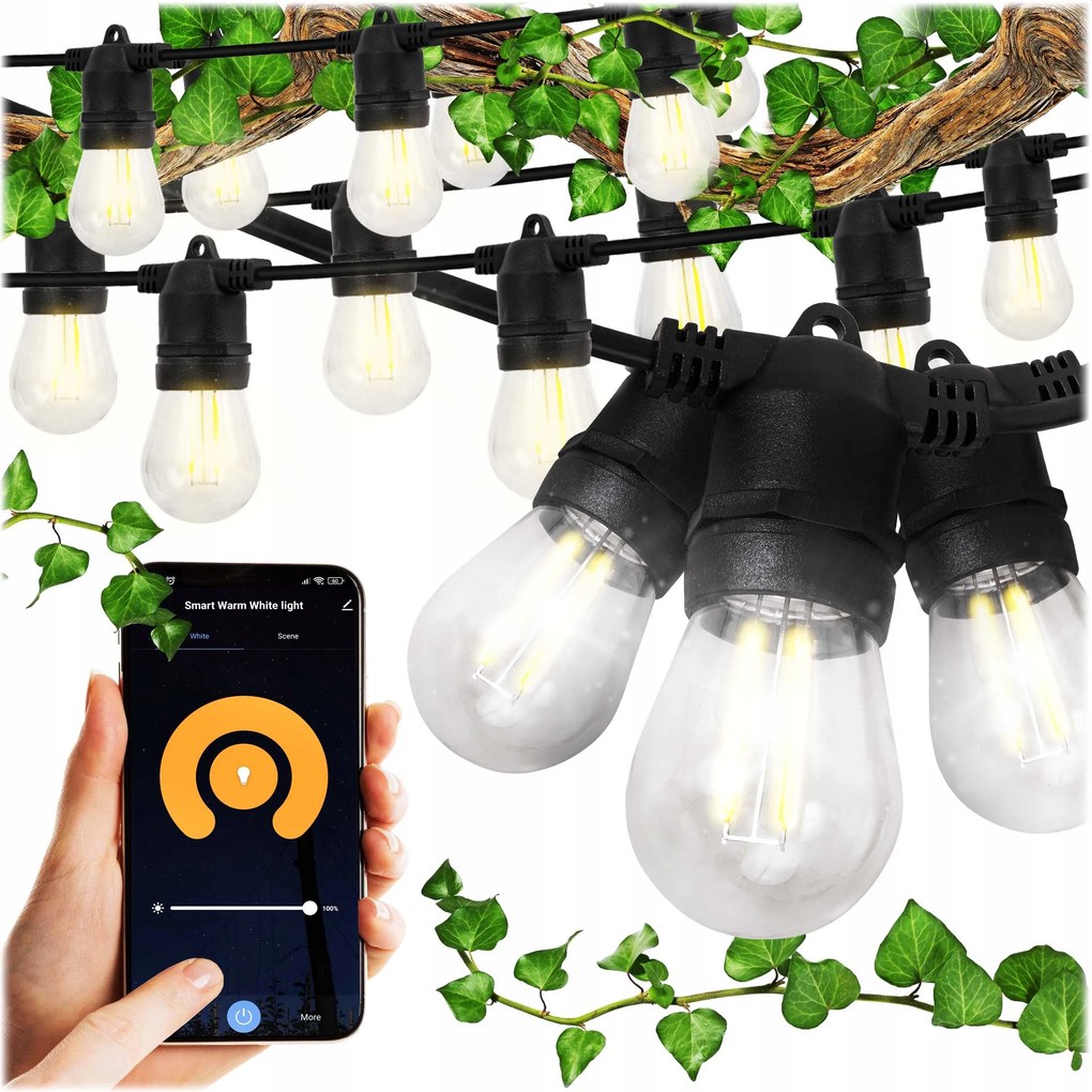 Kerti fényfüzér 11m 18x Led izzó E27 Smart vízálló Tuya