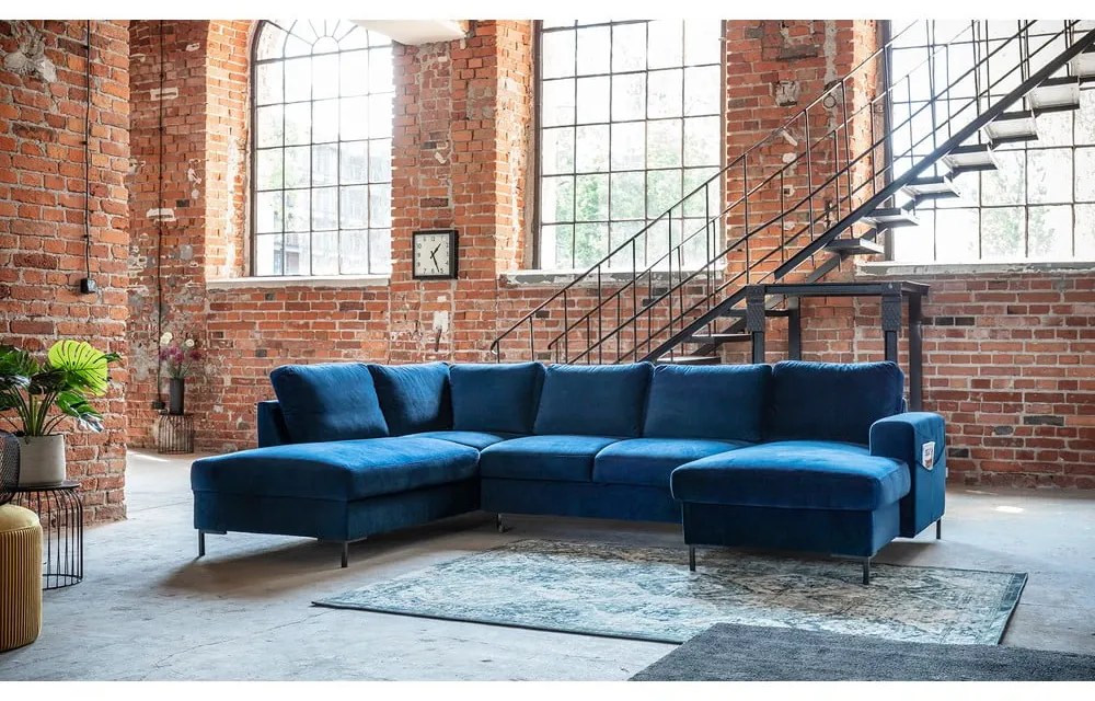 Lofty Lilly matrózkék kinyitható U alakú bársony kanapé, bal oldali - Miuform