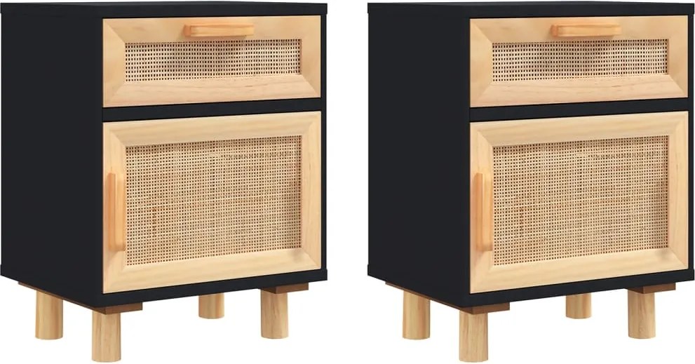 vidaXL 2 db fekete tömör fenyőfa és természetes rattan éjjeliszekrény