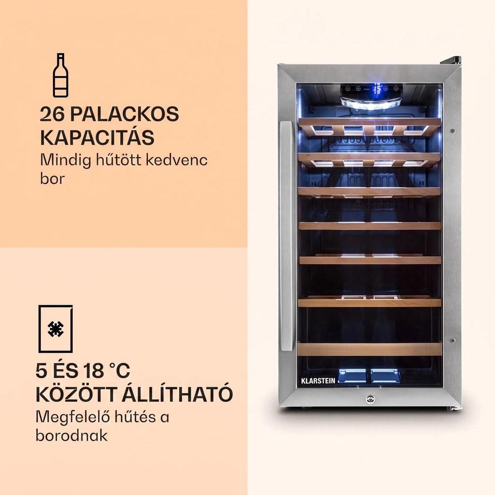 Klarstein Vivo Vino 26, 88 liter, borhűtő, 26 palack, fekete, LED