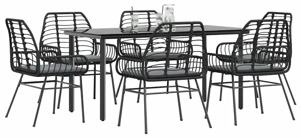 vidaXL 7 részes fekete polyrattan üveg kerti étkezőgarnitúra párnákkal