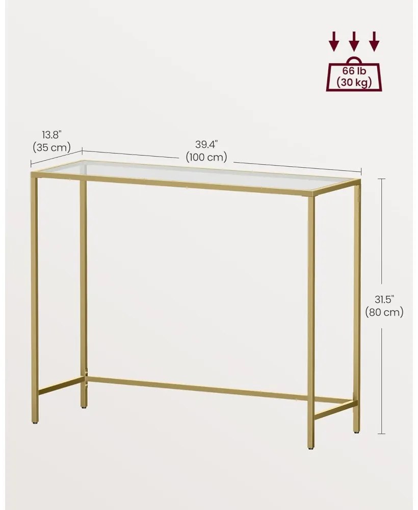Konzolasztal fém vázzal edzett üveglappal, óarany 100x35x80cm
