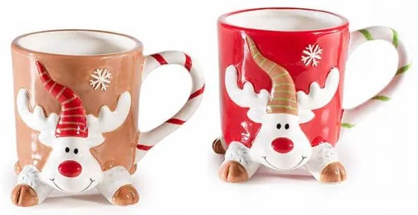 Rénszarvasos domború mintás Karácsonyi kerámia bögre 2 féle / Piros