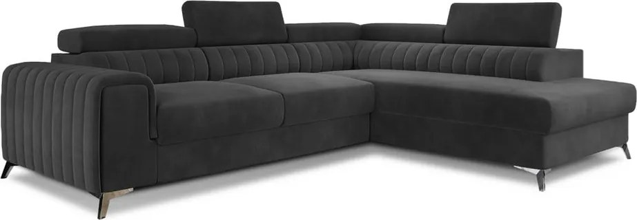 Sötétszürke bársony kinyitható-tárolóhelyes sarokkanapé (jobb oldali-L alakú) Laurence – ELTAP