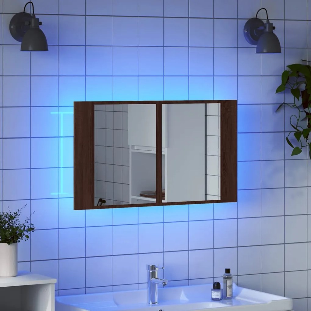 barna tölgy akril LED-es tükrös fürdőszobaszekrény 80x12x45 cm
