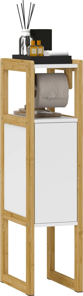 HOMCOM Térkihasználó Fürdőszobai Mobil WC Papír Tartóval, Szekrénnyel és Polccal, Kompakt Bambusz Szekrény, 20x33x80cm, Fehér | Aosom