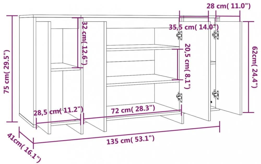 füstös tölgy színű szerelt fa tálalószekrény 135x41x75 m