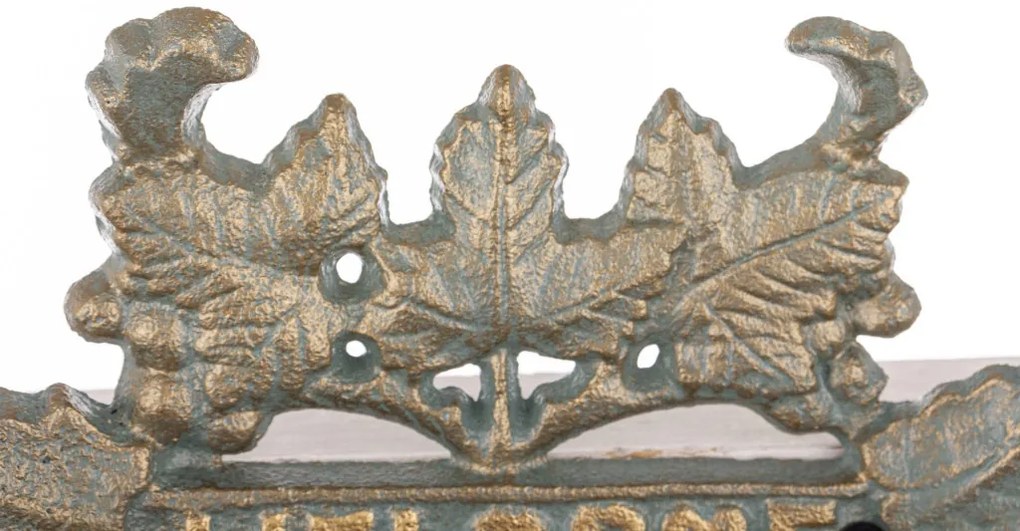 Öntöttvas patinás arany-kék kacskaringós borostyán leveles felületre szerelhető welcome tábla 17,5x19x2cm