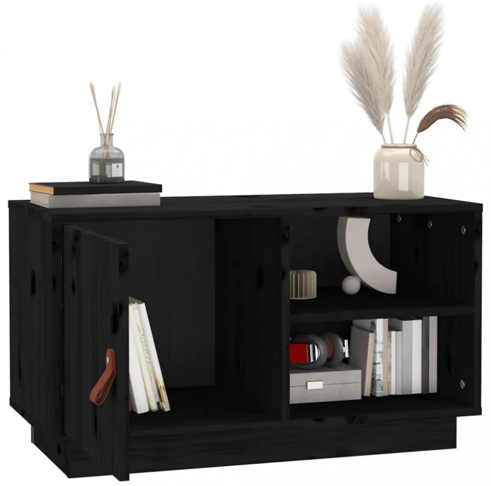 fekete tömör fenyőfa TV-szekrény 70 x 34 x 40 cm
