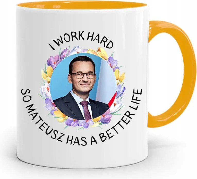 Sárga Politikus Bögre Mateusz Morawiecki Miniszterelnök fényképes nyomtatással