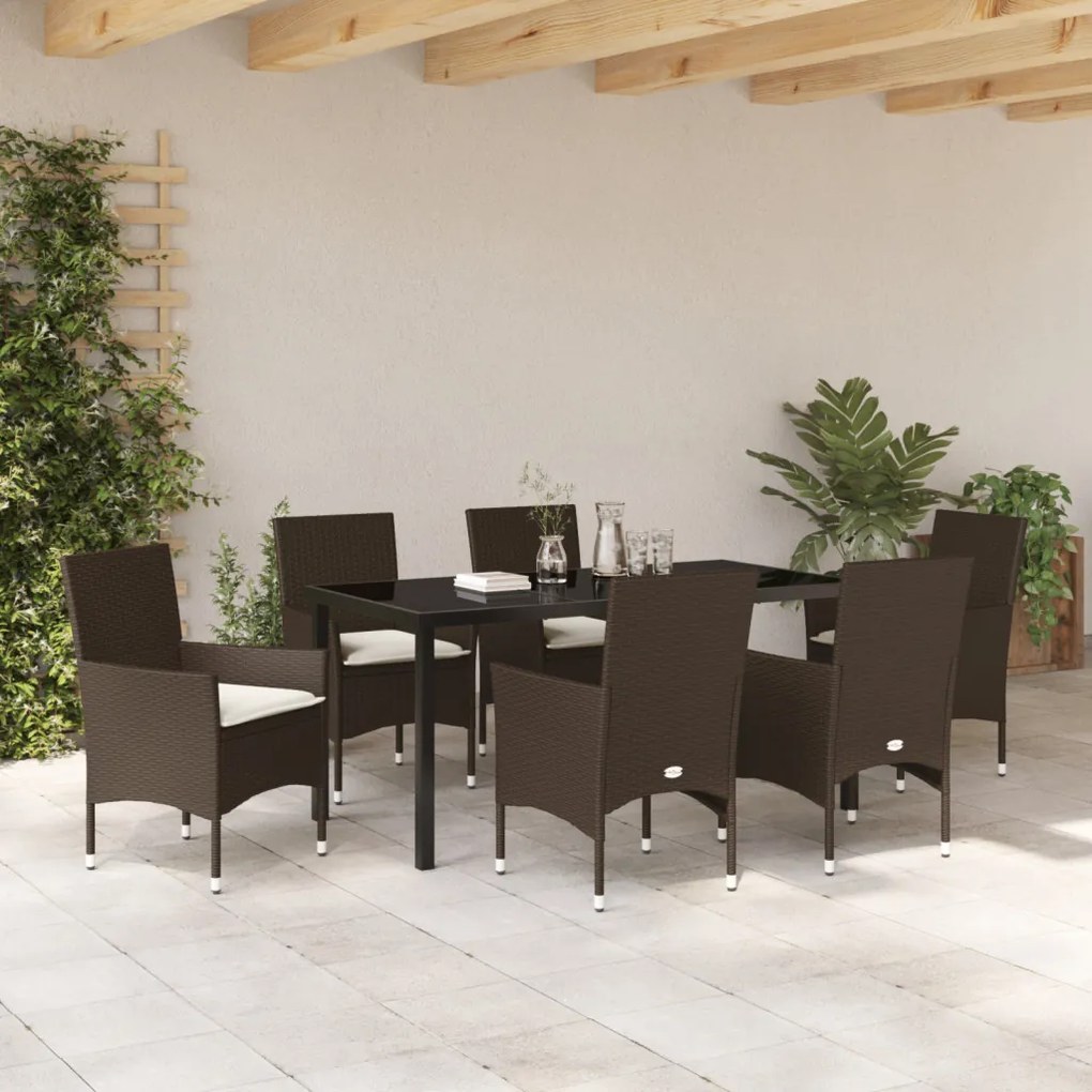 7 darabos Kert Étkezőszett párnákkal Barna Polirattan, Kerti Asztal Fekete 160x80x73 cm Temperált Üveg