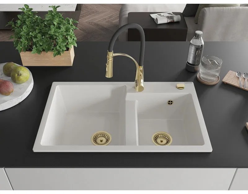 Mexen Tomas, 2 kamrás gránit mosogató 800x500x190 mm és Aster mosogató csaptelep, fehér, 6516-20-73450-57-G