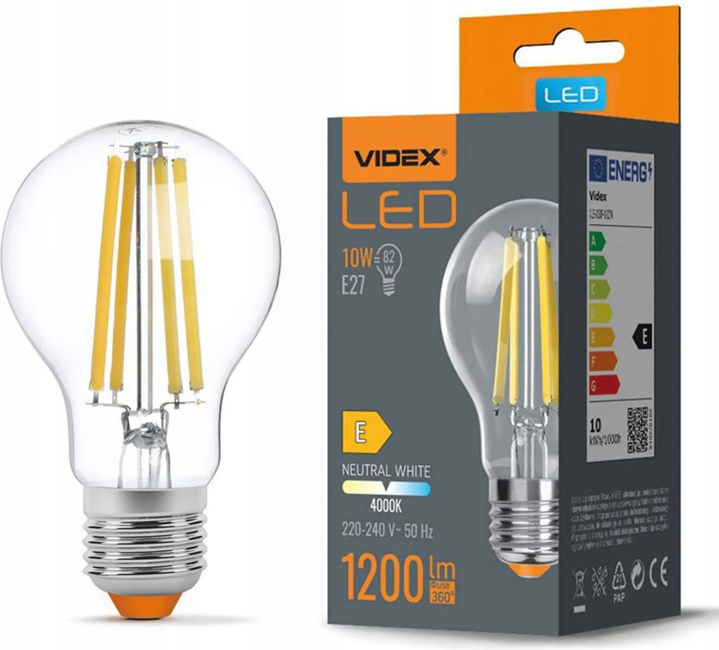 Led izzó E27 A60 10W 82W 1200lm 4000K Semleges 360° Filament Videx