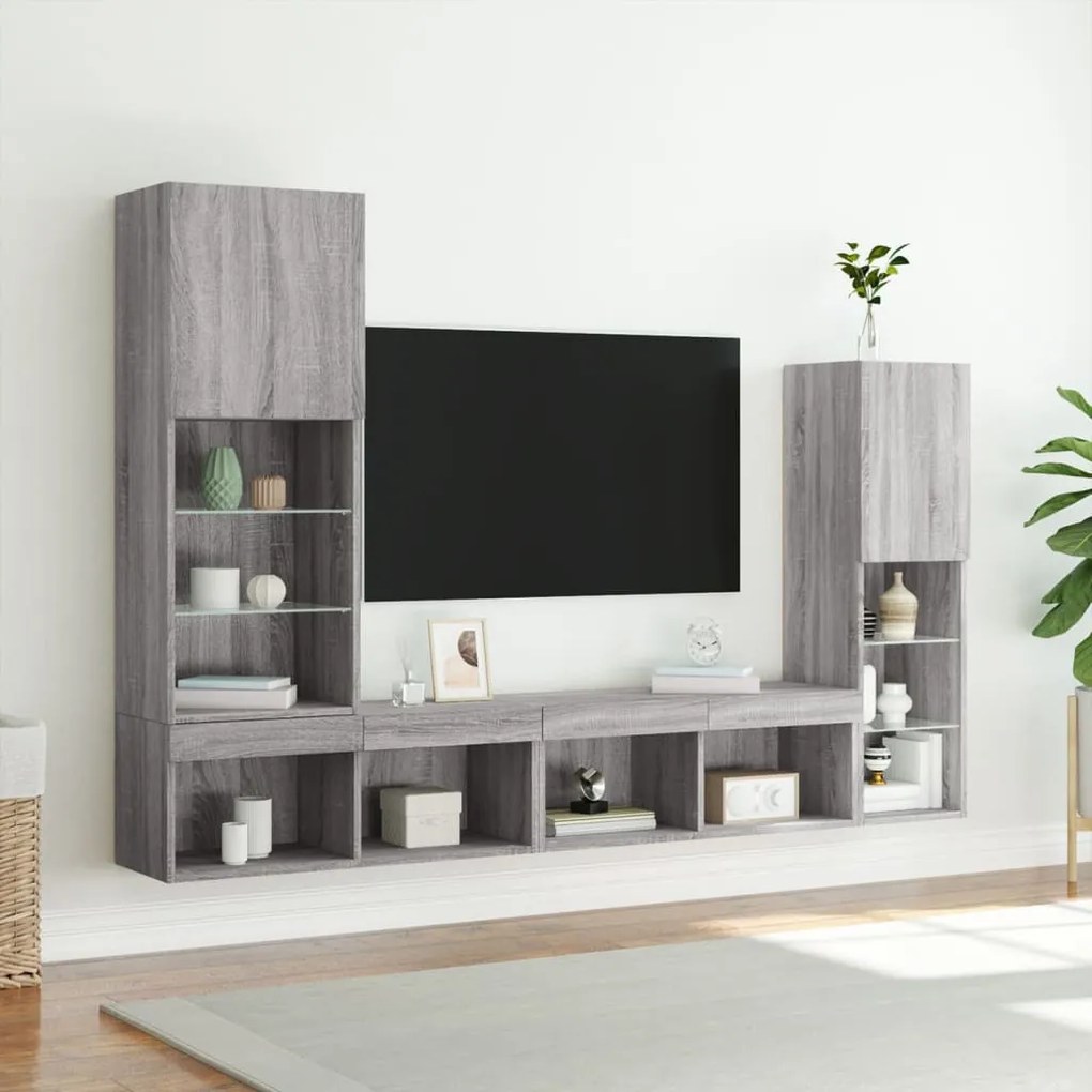 4 darab szürke sonoma színű szerelt fa fali TV-bútor LED-del